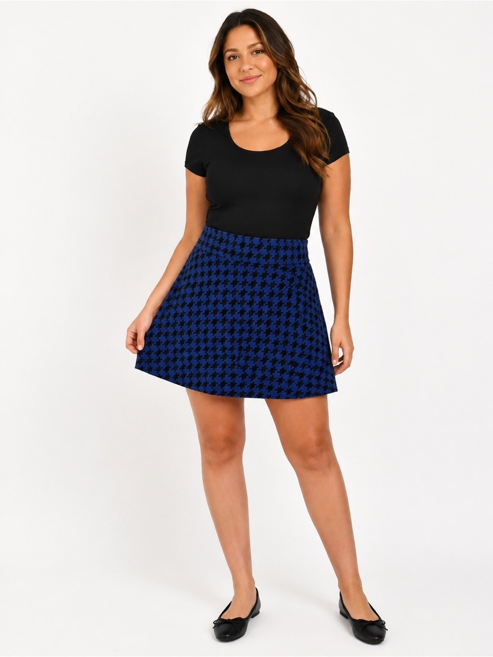 Hot Kiss Womens Mini Skater Skirt in Blue/Black Houndstooth Sz S